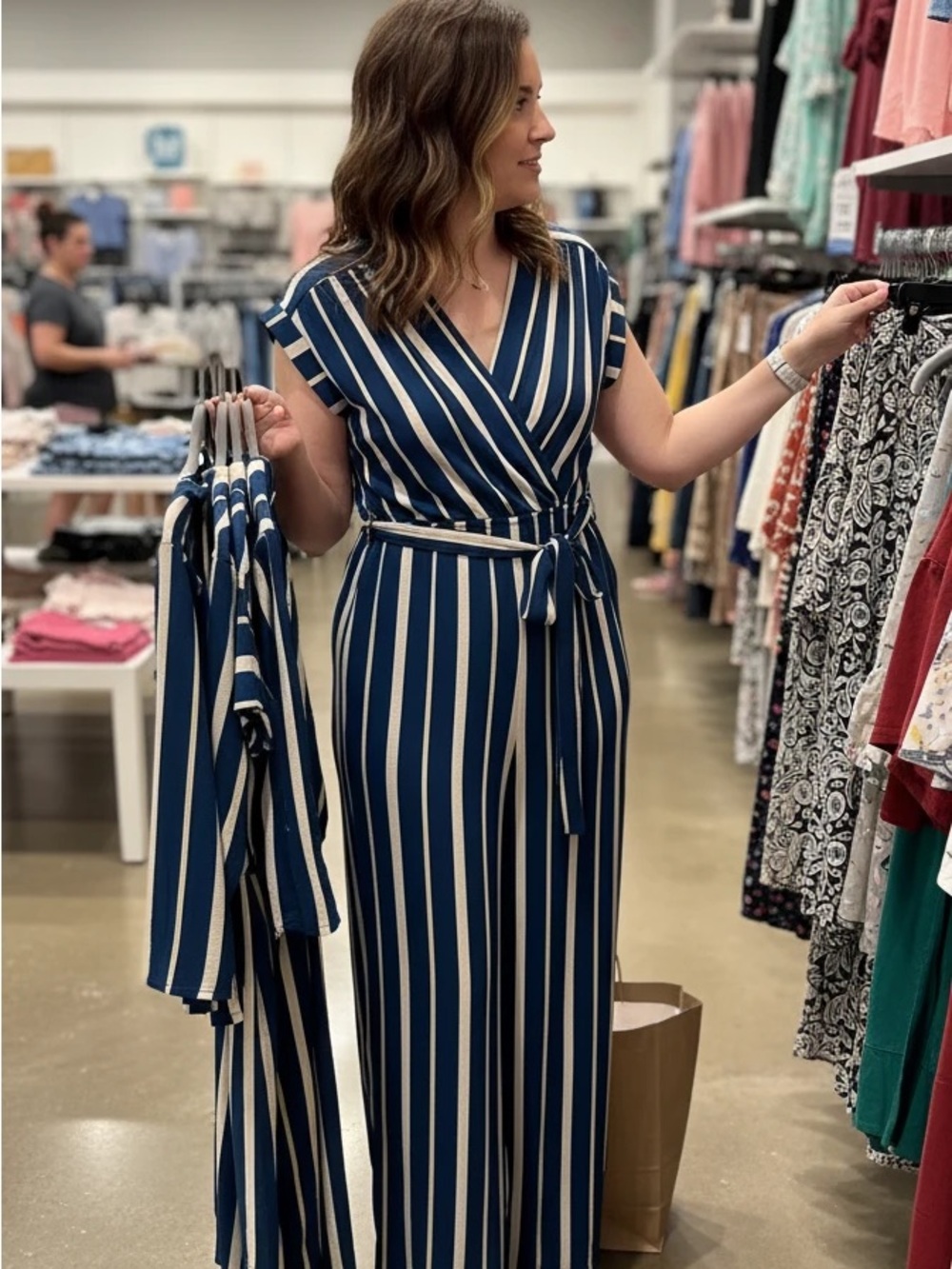 Monteau Women’s Navy and Cream Stripe Jumpsuit, Size Medium